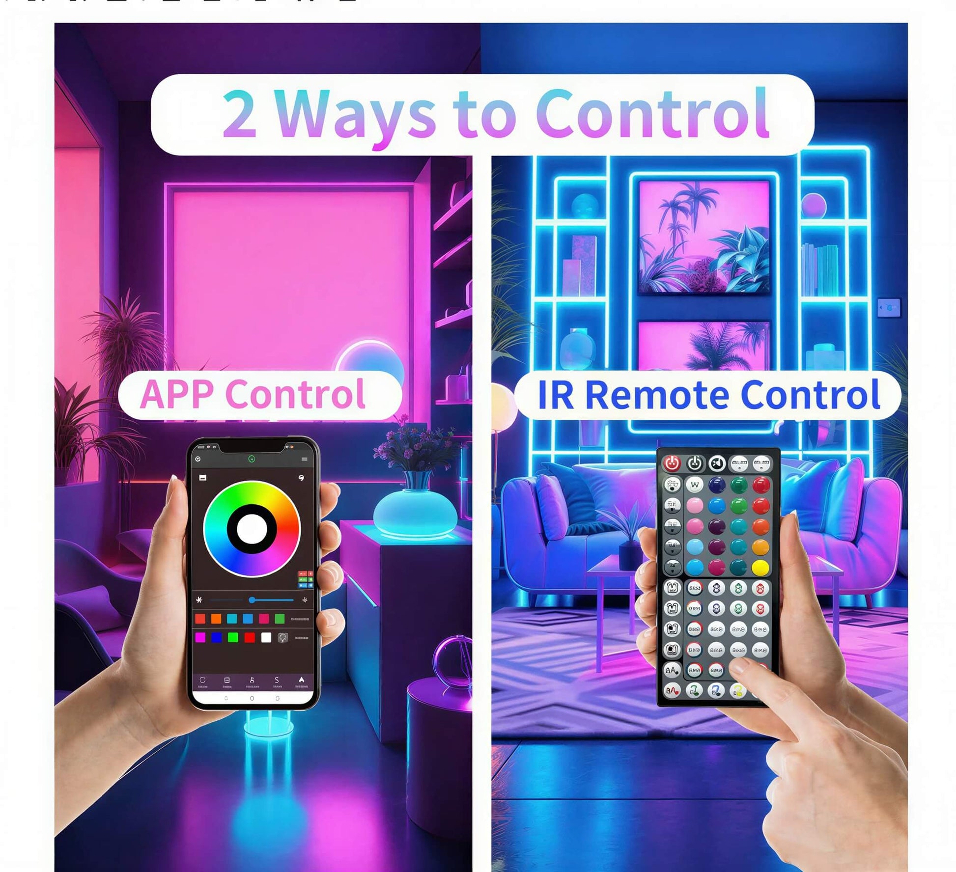 Pink and blue LED strip lights in a room, shown with a smartphone app and an IR remote control.