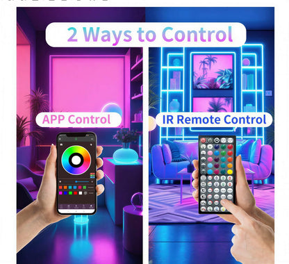 Pink and blue LED strip lights in a room, shown with a smartphone app and an IR remote control.
