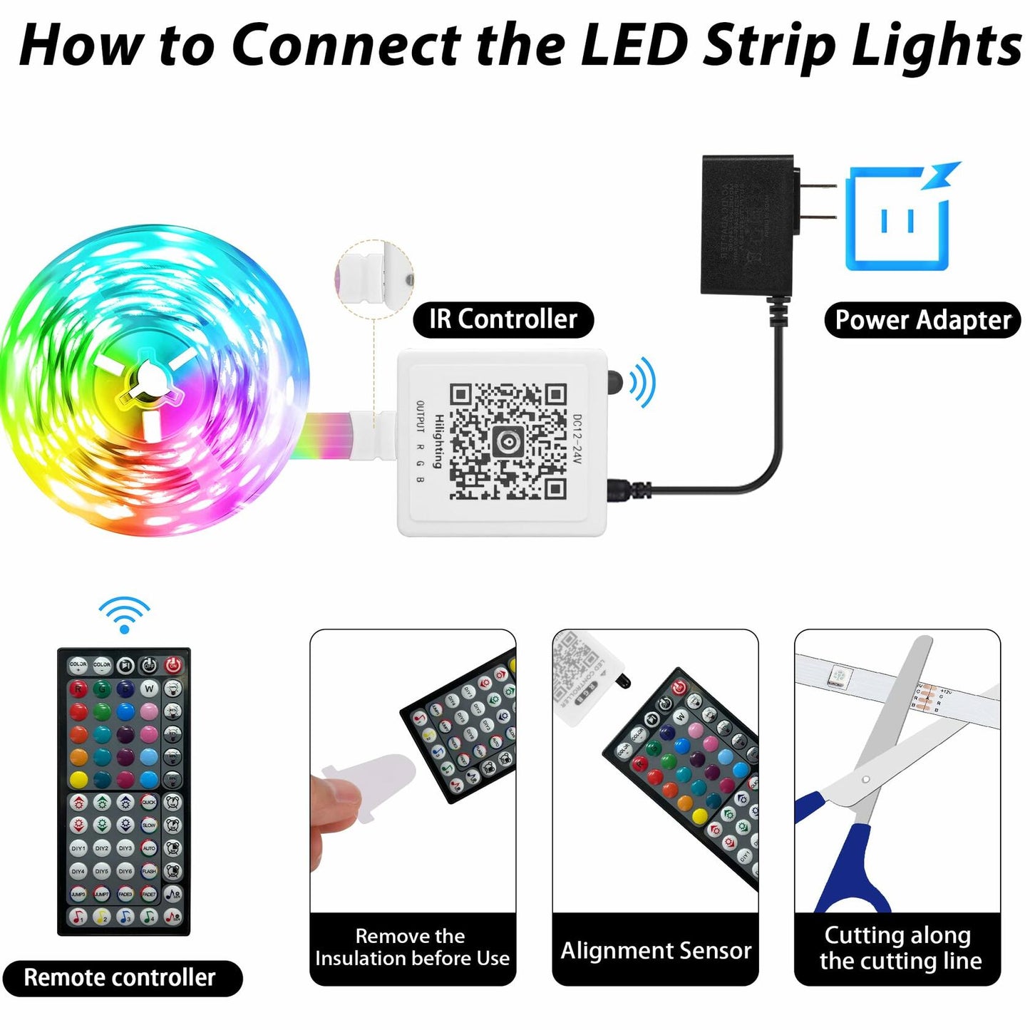 Coiled multicolor LED strip light connected to a white IR controller, power adapter, and black remote control.