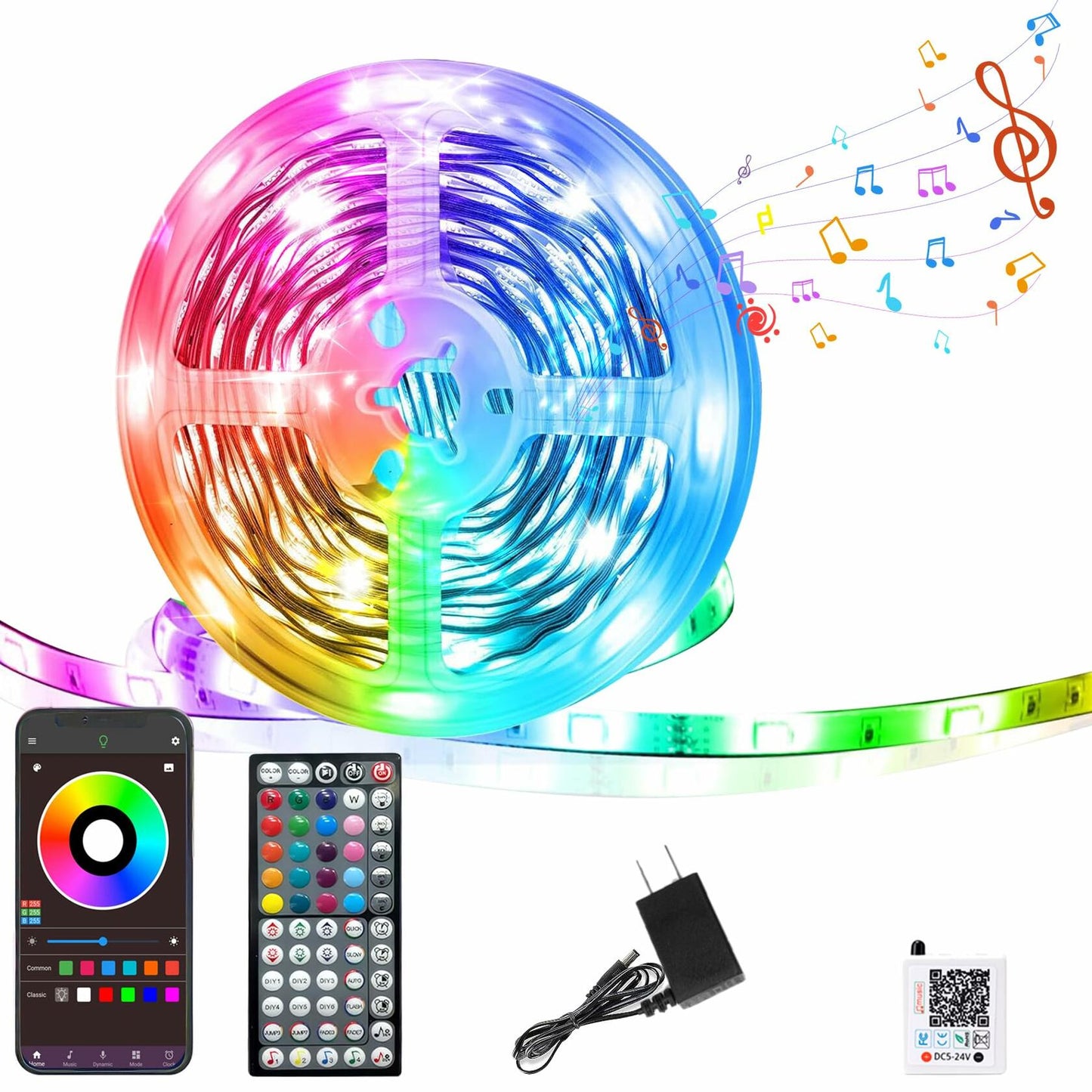 Coiled multicolor LED light strip on a plastic reel with a remote, power adapter, and smartphone app interface.