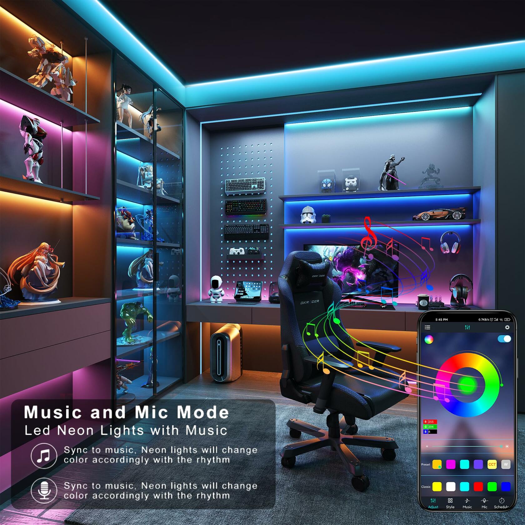 Multicolor LED strip lights glowing blue and pink on shelves in a gaming room, controlled by a smartphone app.