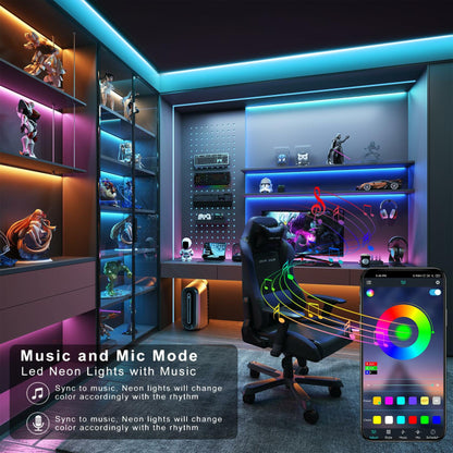 Multicolor LED strip lights glowing blue and pink on shelves in a gaming room, controlled by a smartphone app.