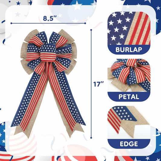 American flag burlap wreath bow with red, white, and blue stripes, measuring 17 inches long and 8.5 inches wide.