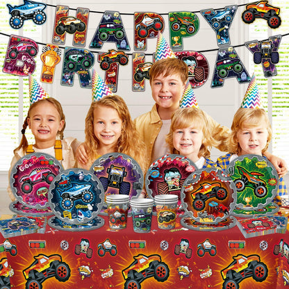 Truck birthday party supplies including a tablecloth, plates, cups, and a banner with children celebrating.