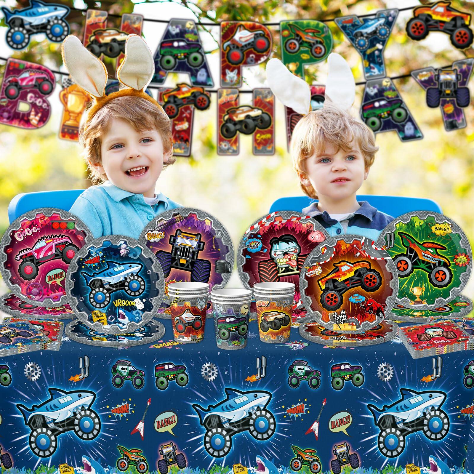 Truck-themed birthday party supplies including plates, napkins, cups, and a colorful banner with children wearing bunny ears.