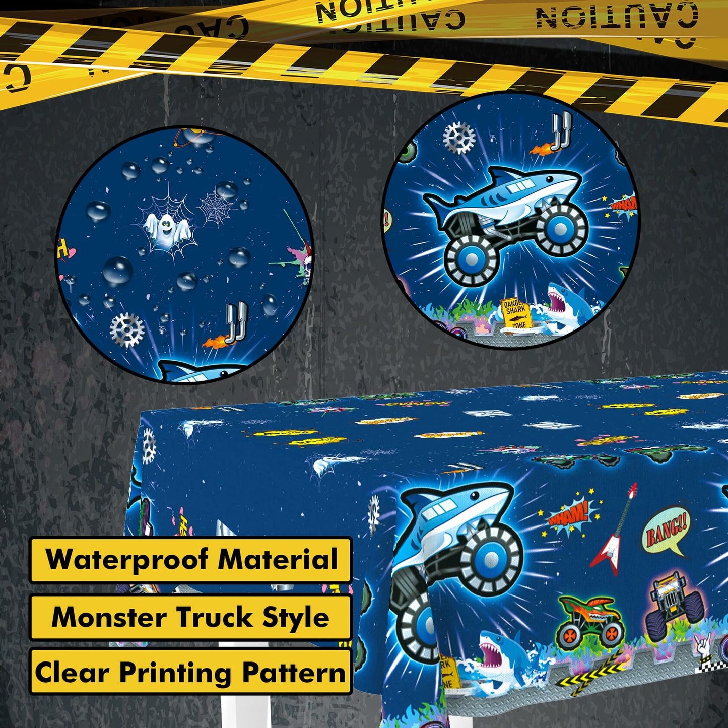 Truck birthday party supplies tablecloth featuring a monster truck design with colorful graphics on a blue background.