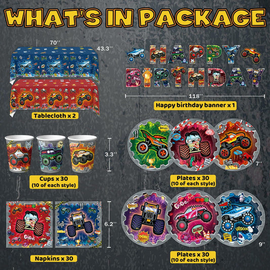 Truck-themed birthday party supplies including tablecloths, banner, plates, napkins, and cups in vibrant colors.