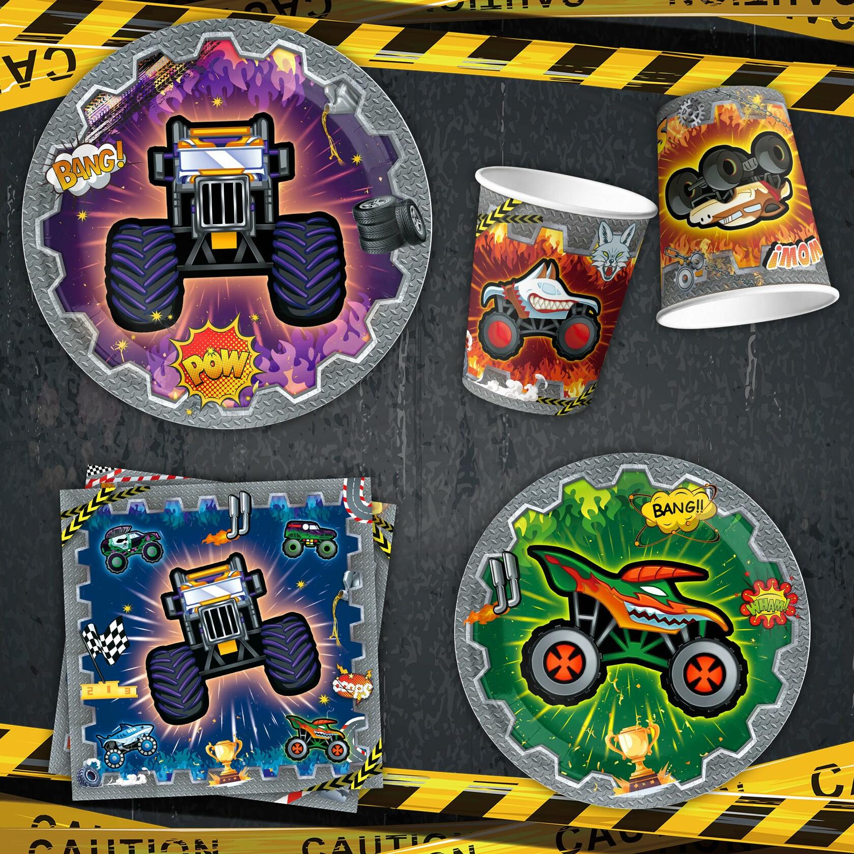 Truck-themed birthday party supplies including plates, cups, and napkins with colorful designs on a caution-striped backgr...