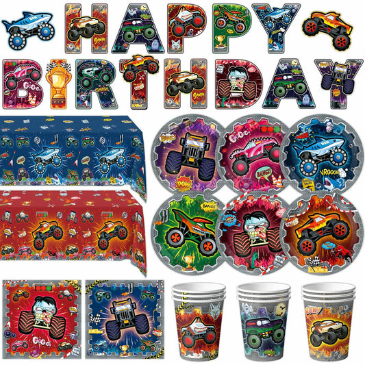 Truck-themed birthday party supplies including tablecloth, banner, plates, napkins, and cups in vibrant colors.