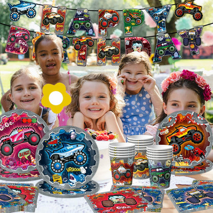 Truck-themed birthday party supplies including plates, cups, napkins, and a colorful "Happy Birthday" banner.