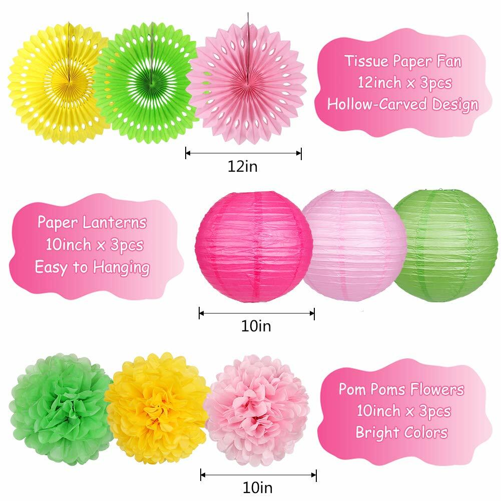 Flamingo pineapple party decorations featuring yellow and green paper fans, pink and green lanterns, and colorful pom poms.