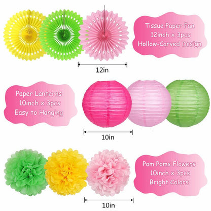 Flamingo pineapple party decorations featuring pink and green paper lanterns, fans, and pom poms in various sizes.