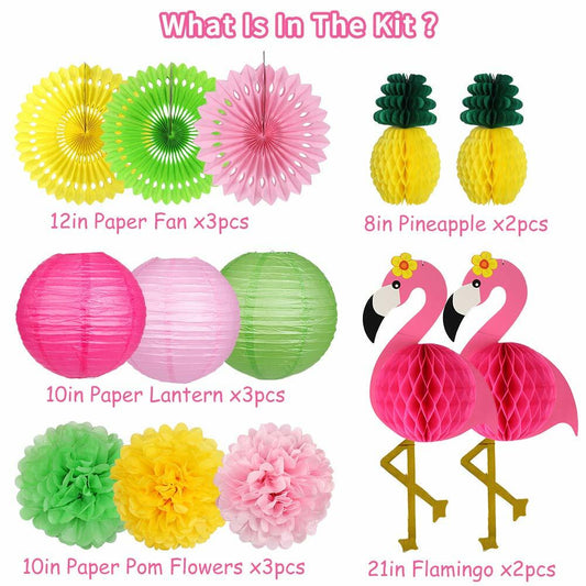 Flamingo and pineapple party decorations including paper lanterns, fans, and pom poms in vibrant colors.