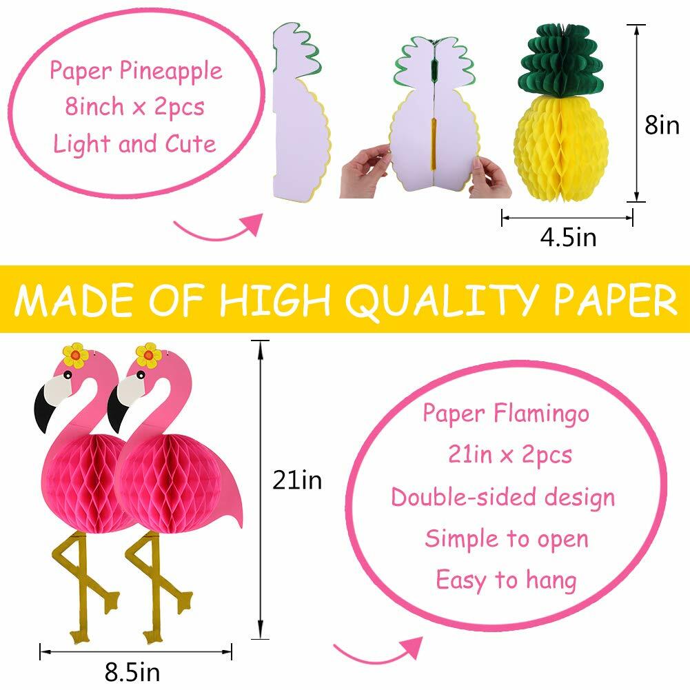 Flamingo and pineapple paper lanterns, featuring pink flamingos and yellow-green pineapples, ideal for party decorations.
