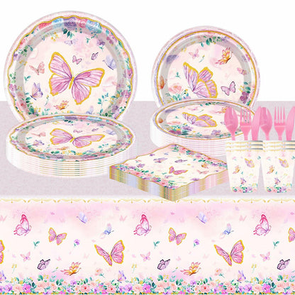 Pink butterfly party tableware set including plates, napkins, cups, and a tablecloth with floral designs.