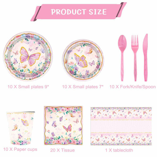 Pink butterfly party tableware set including plates, napkins, cups, utensils, and a tablecloth with floral designs.