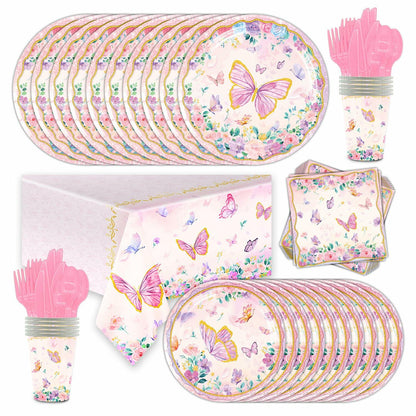 Pink butterfly party tableware set including plates, napkins, tablecloth, and utensils with floral designs.