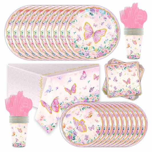 Pink butterfly party tableware set including plates, napkins, tablecloth, and utensils with floral designs.