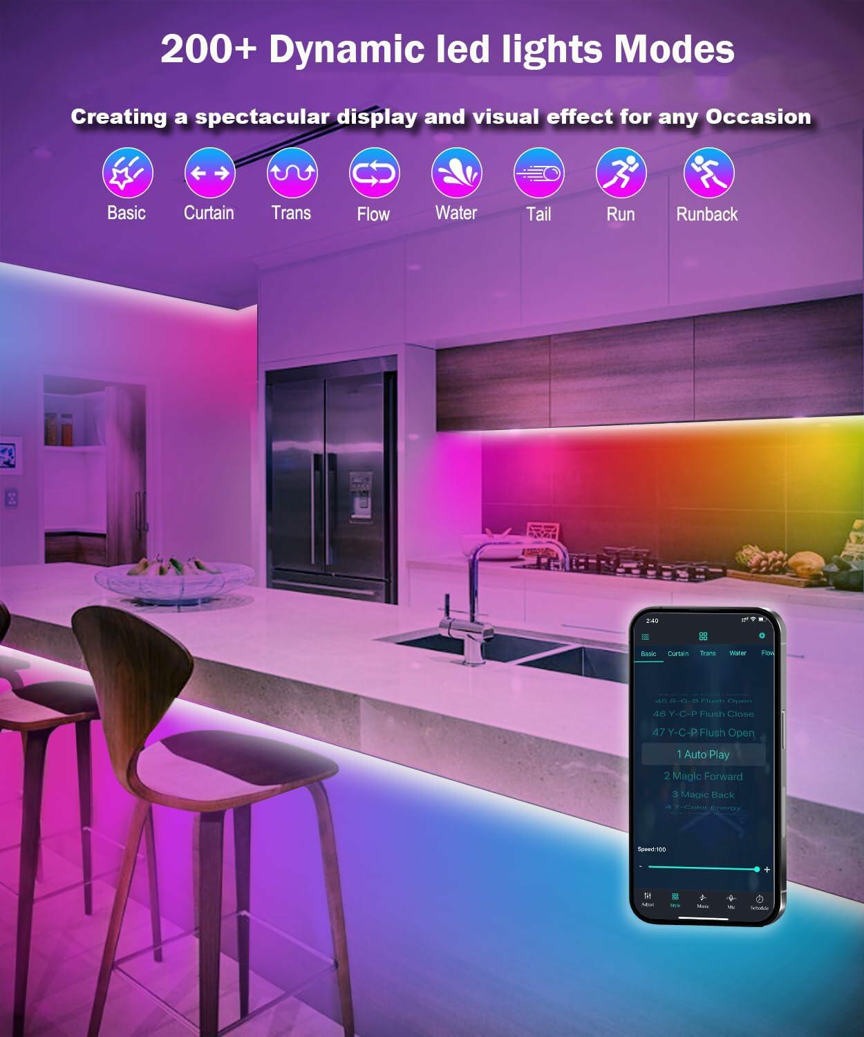 Multi-color LED strip lights illuminating a kitchen in pink and blue, shown with a smartphone app interface.