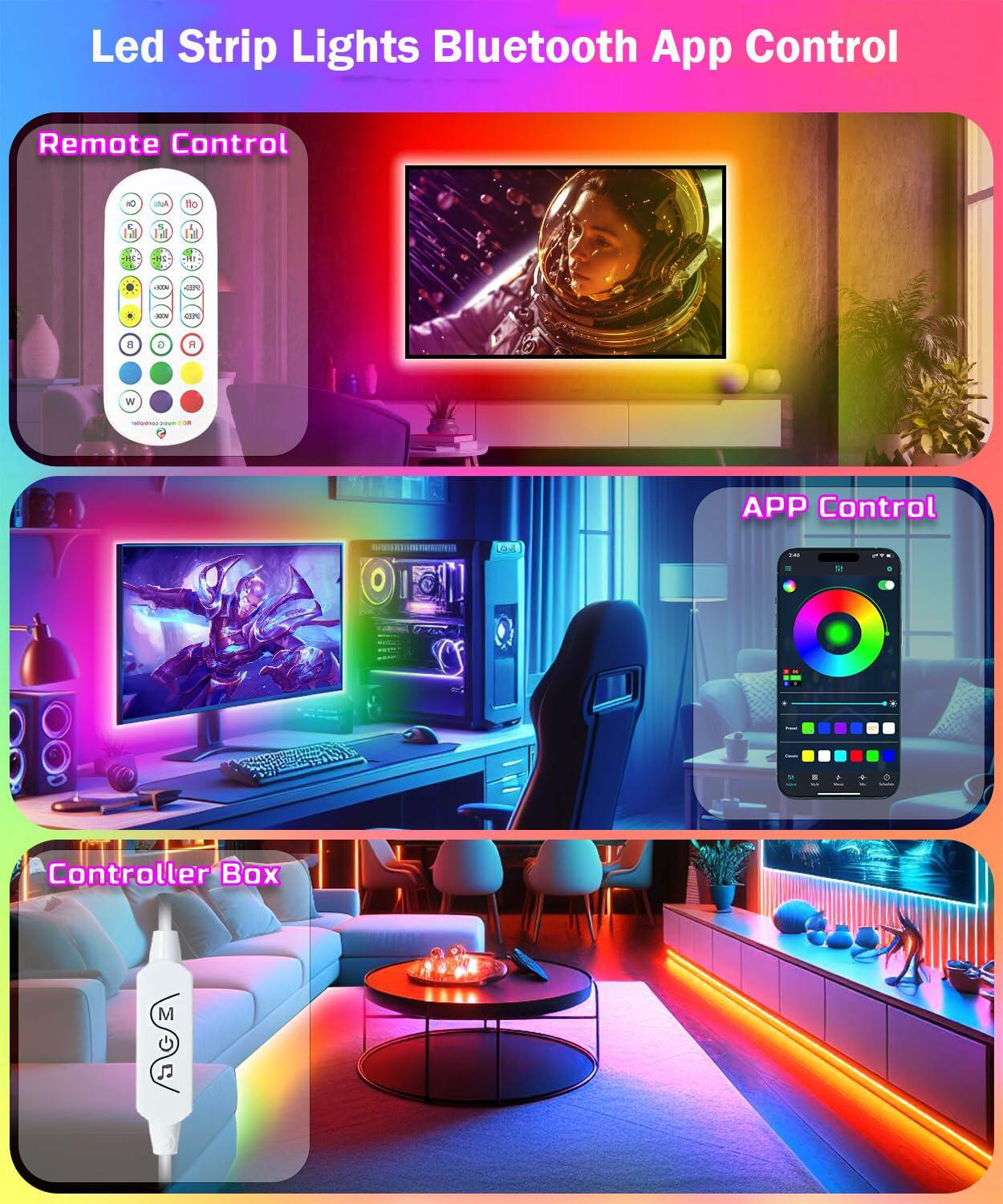 Multicolor LED strip lights glowing behind a TV and desk, shown with a remote, smartphone app, and white controller box.