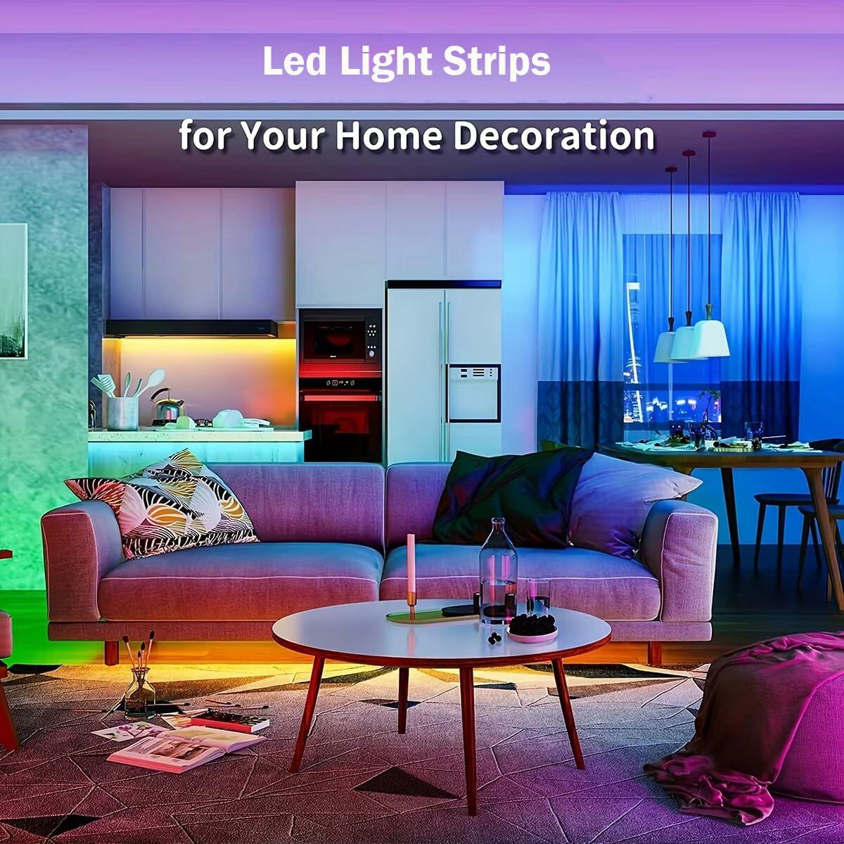 Living room with colorful Led Light Strips for Your Home Decoration glowing under a sofa, kitchen counters, and curtains.