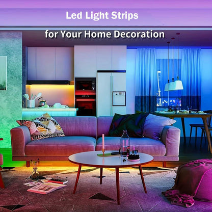 Living room with colorful Led Light Strips for Your Home Decoration glowing under a sofa, kitchen counters, and curtains.