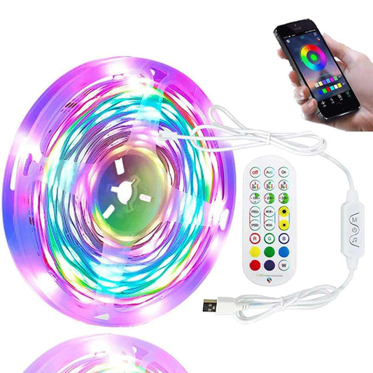 Colorful LED strip light with remote control and smartphone app on a white background