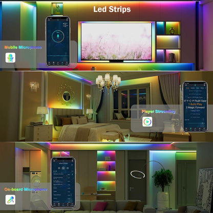 Multi-color LED strips illuminate a living room, bedroom, and laundry room with various RGB colors via a smartphone app.