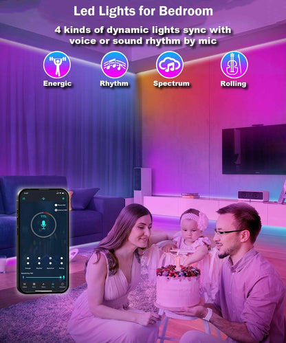 Family in a room with pink and purple LED strip lights, a smartphone app interface, and text Led Lights for Bedroom.
