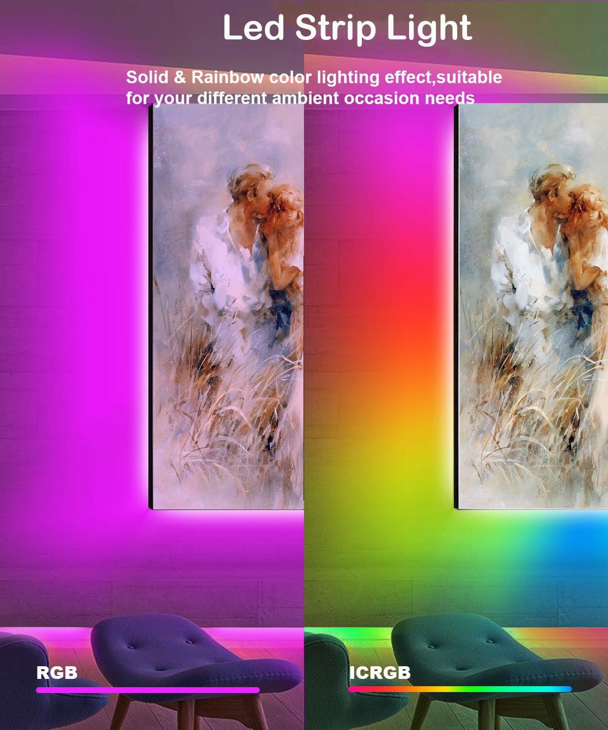 Two wall art panels backlit by pink and rainbow Led Strip Light effects above two fabric chairs.