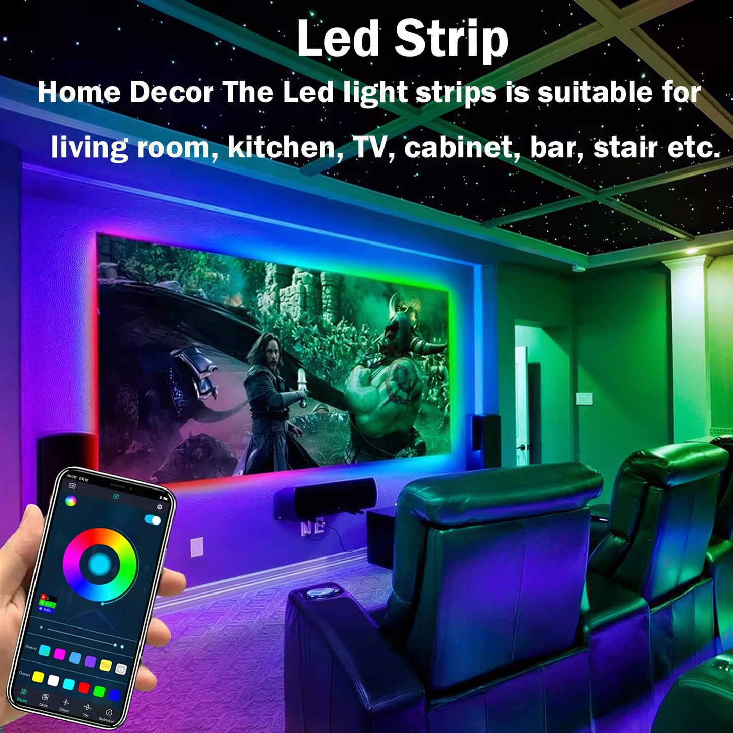 Multi-color LED strip lights glowing behind a TV and under seats in a home theater, controlled by a smartphone app.