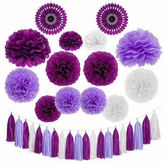 Purple and white tissue paper pom poms and tassels, 34 pieces, arranged in various sizes and shapes for party decorations.