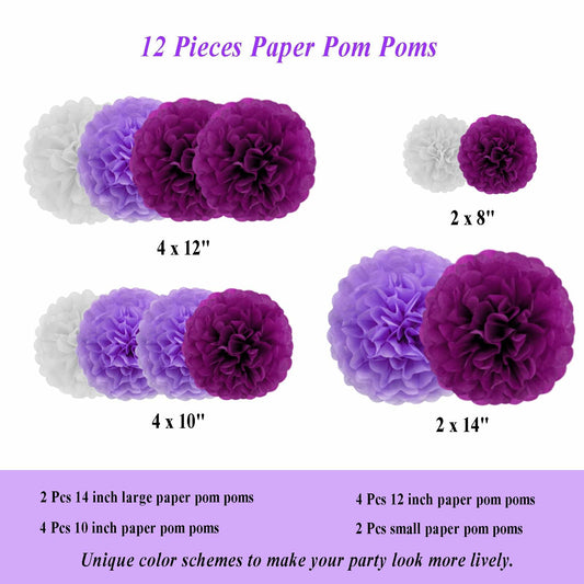 Purple and white tissue paper pom poms in various sizes, arranged in groups, ideal for party decorations.
