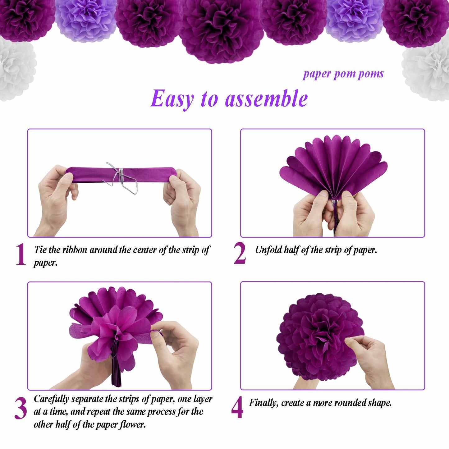 Purple and white tissue paper pom poms arranged in a decorative display, showcasing 34 pieces for party decorations.
