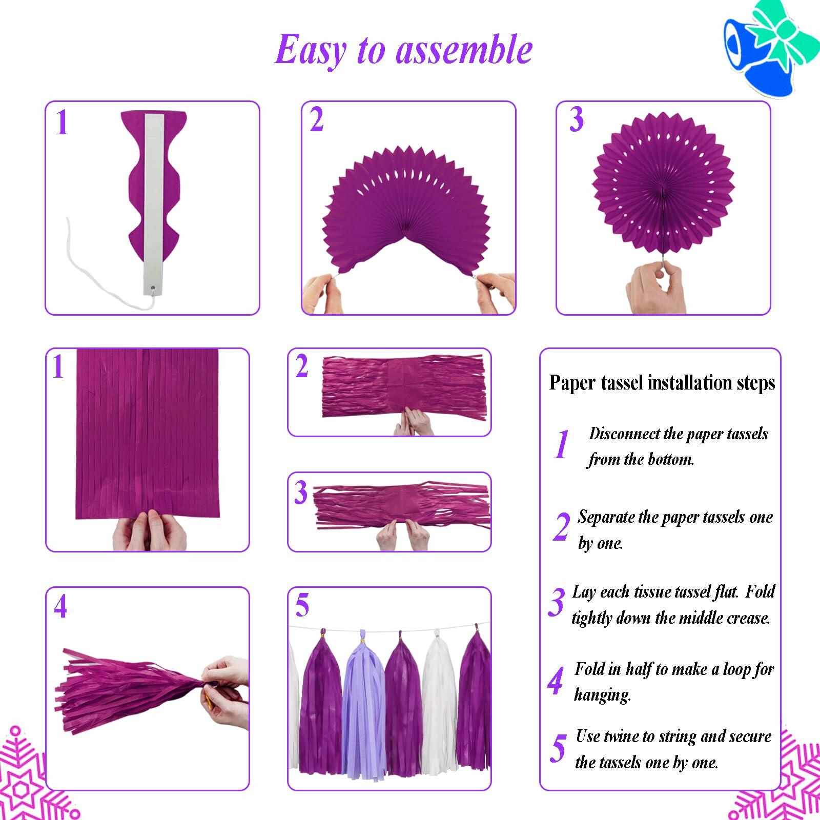 Purple and white tissue paper pom poms in various sizes, arranged for party decorations, with assembly instructions visible.