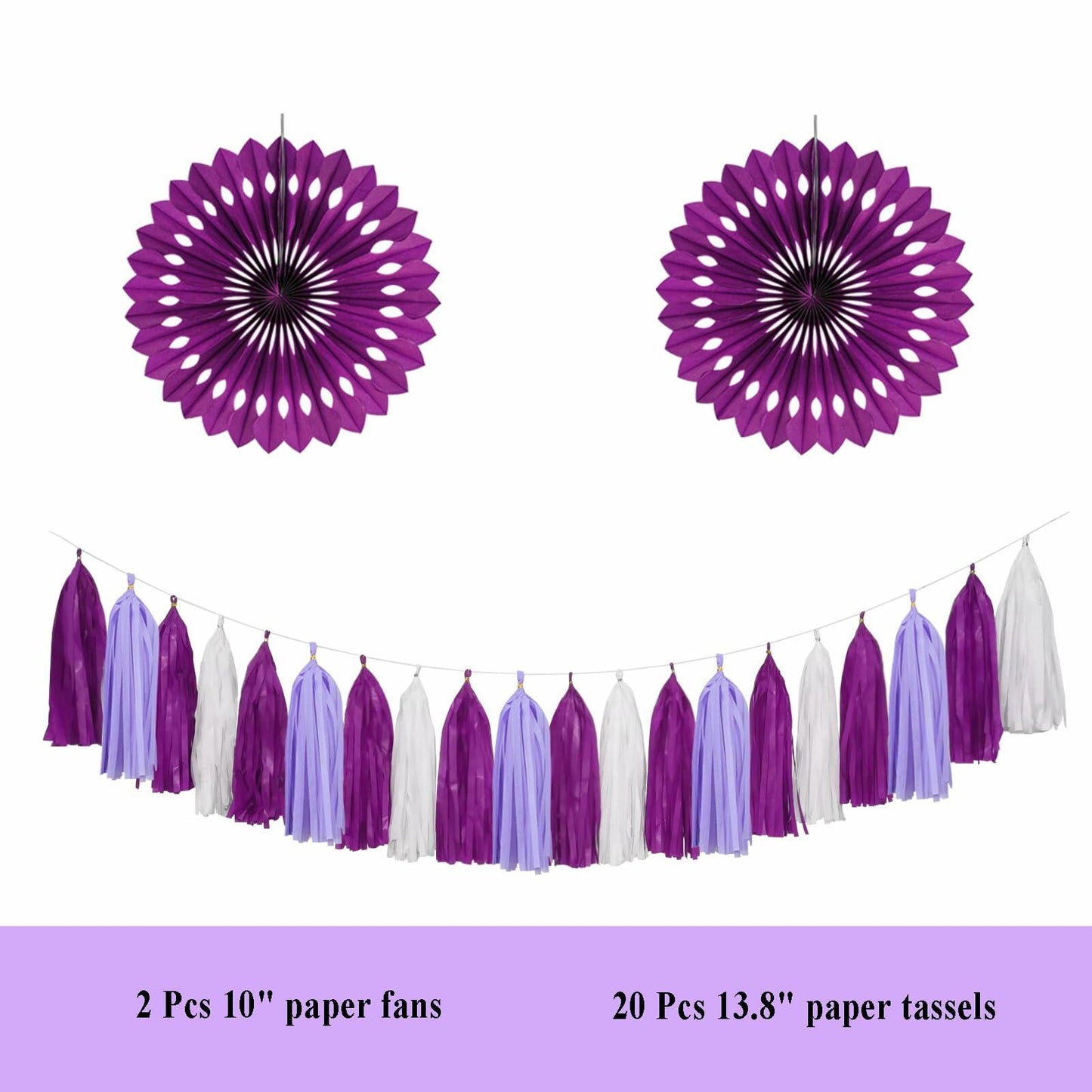Purple and white tissue paper pom poms, 34 pieces, including fans and tassels, arranged for party decoration.