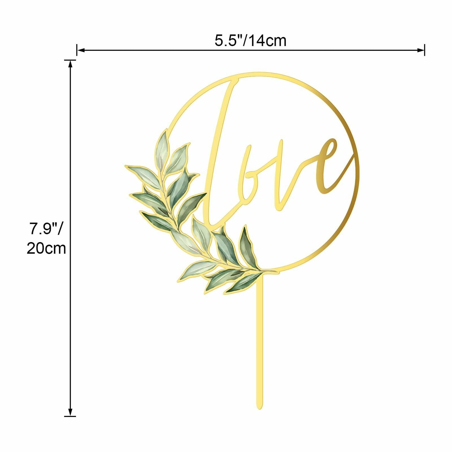 Gold cake topper with 'love' and leaf design, shown with measurements on a white background.