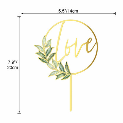 Gold cake topper with 'love' and leaf design, shown with measurements on a white background.