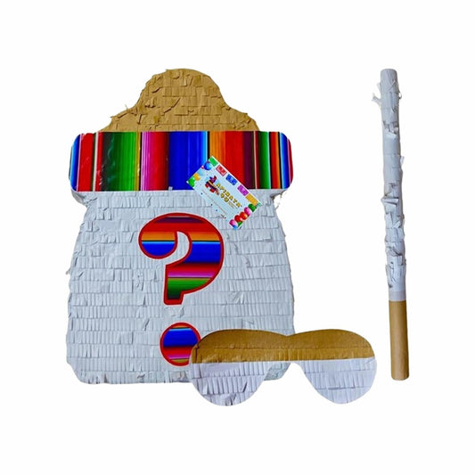 Gender reveal piñata kit shaped like a baby bottle, featuring colorful stripes and a question mark cutout.