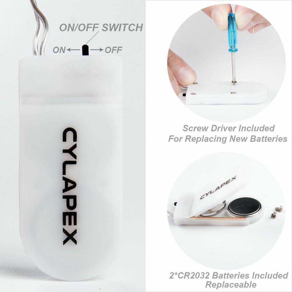 Cylapex device with on/off switch, screwdriver, and battery information on a white background