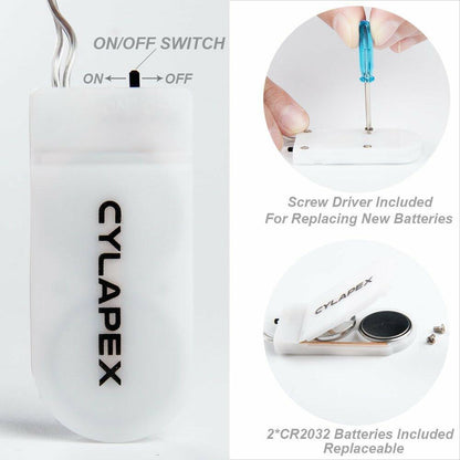 Cylapex device with on/off switch, screwdriver, and battery information on a white background