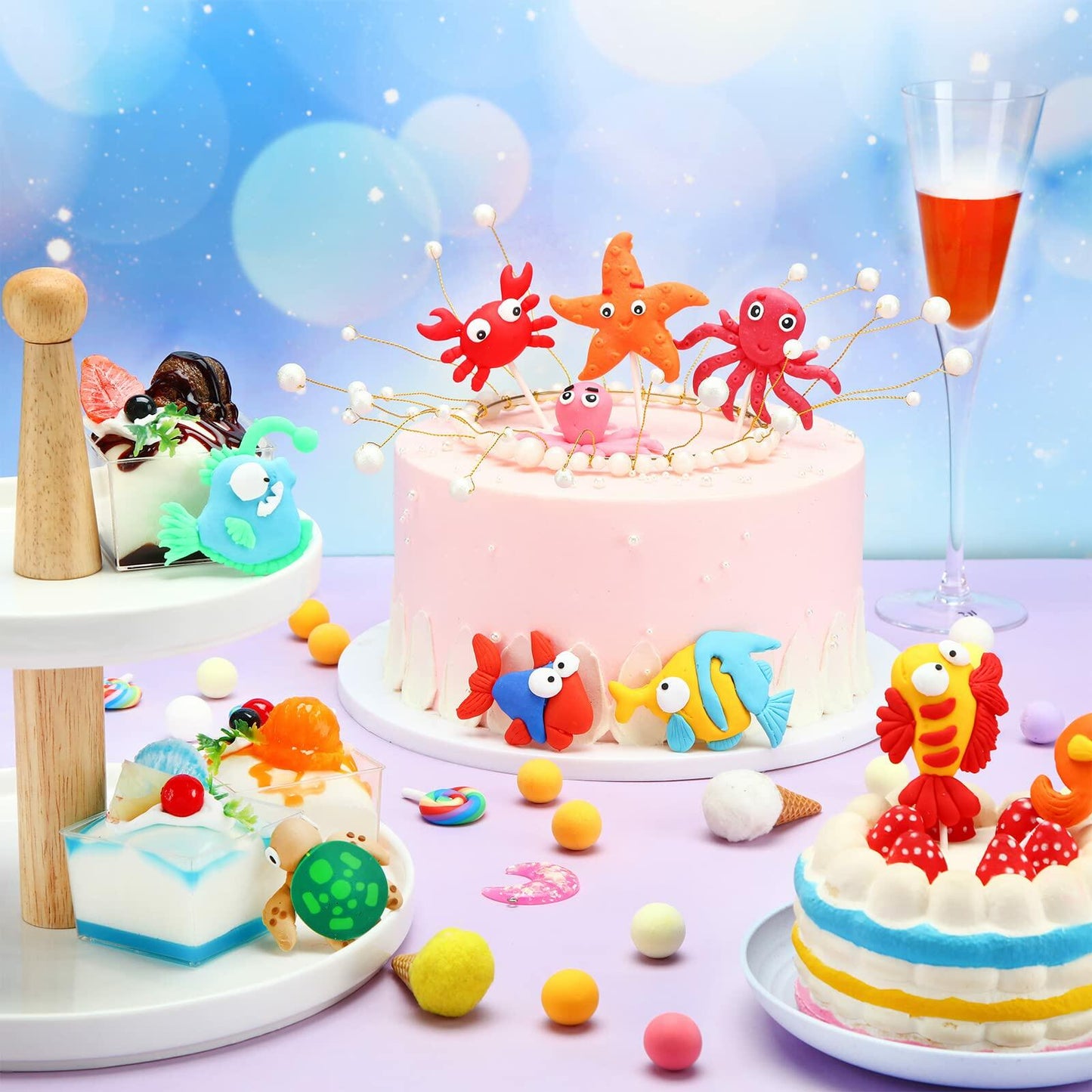 Colorful dinosaur cake toppers in various poses, set against a pastel background, ideal for jungle safari-themed parties.