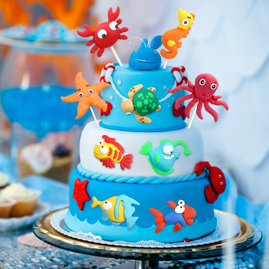 Colorful dinosaur cake toppers in various poses, designed for jungle safari-themed parties, measuring 2-3 inches each.