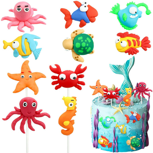 Colorful clay dinosaur cake toppers in various designs, including a T-Rex and triceratops, for jungle safari themes.