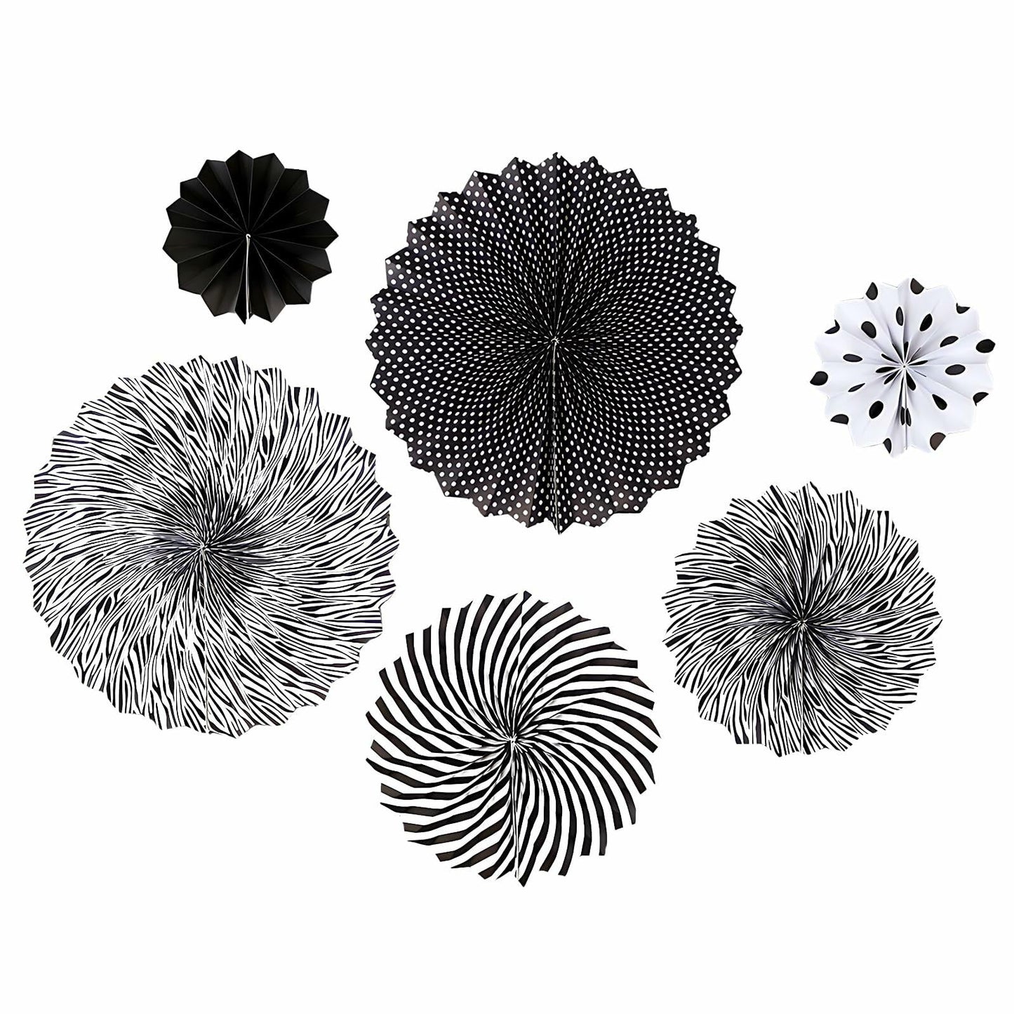 Black hanging paper fans in various designs, including stripes and polka dots, arranged in a circular pattern.