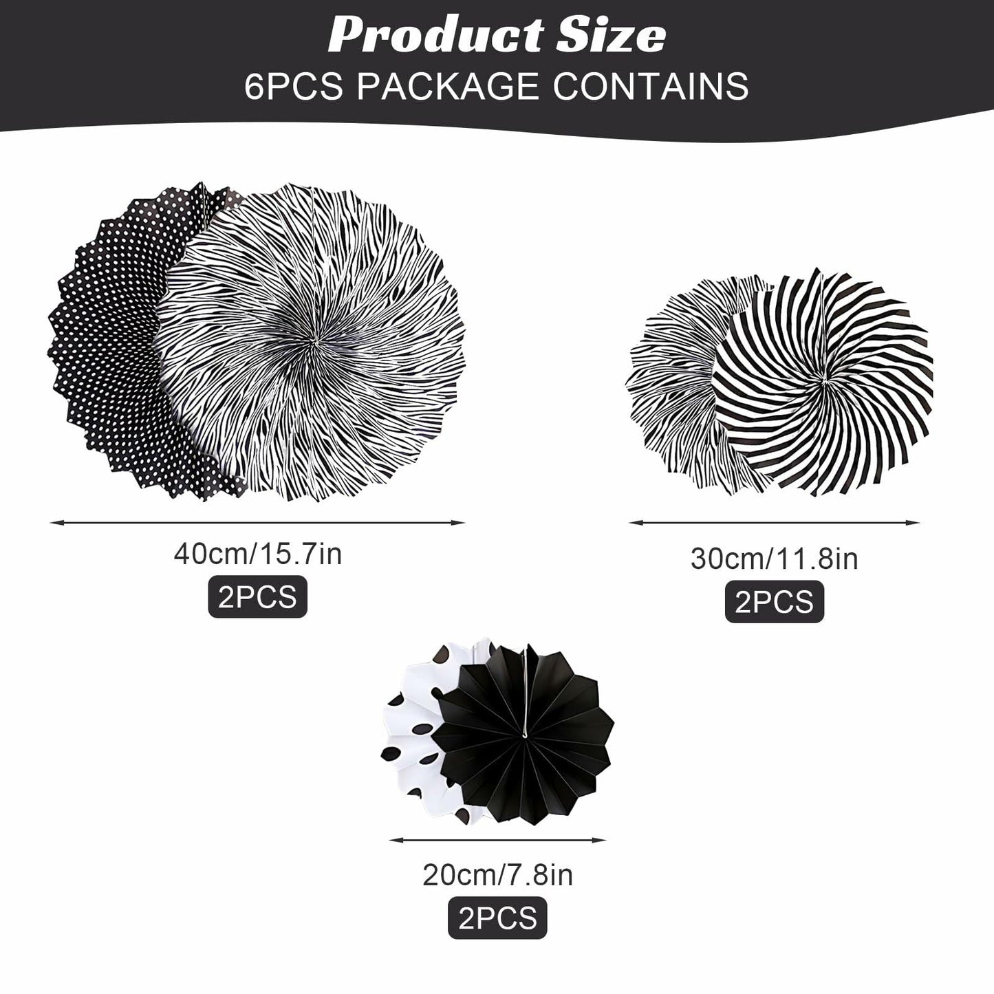 Black hanging paper fans in various sizes and patterns, including polka dots and stripes, suitable for party decorations.