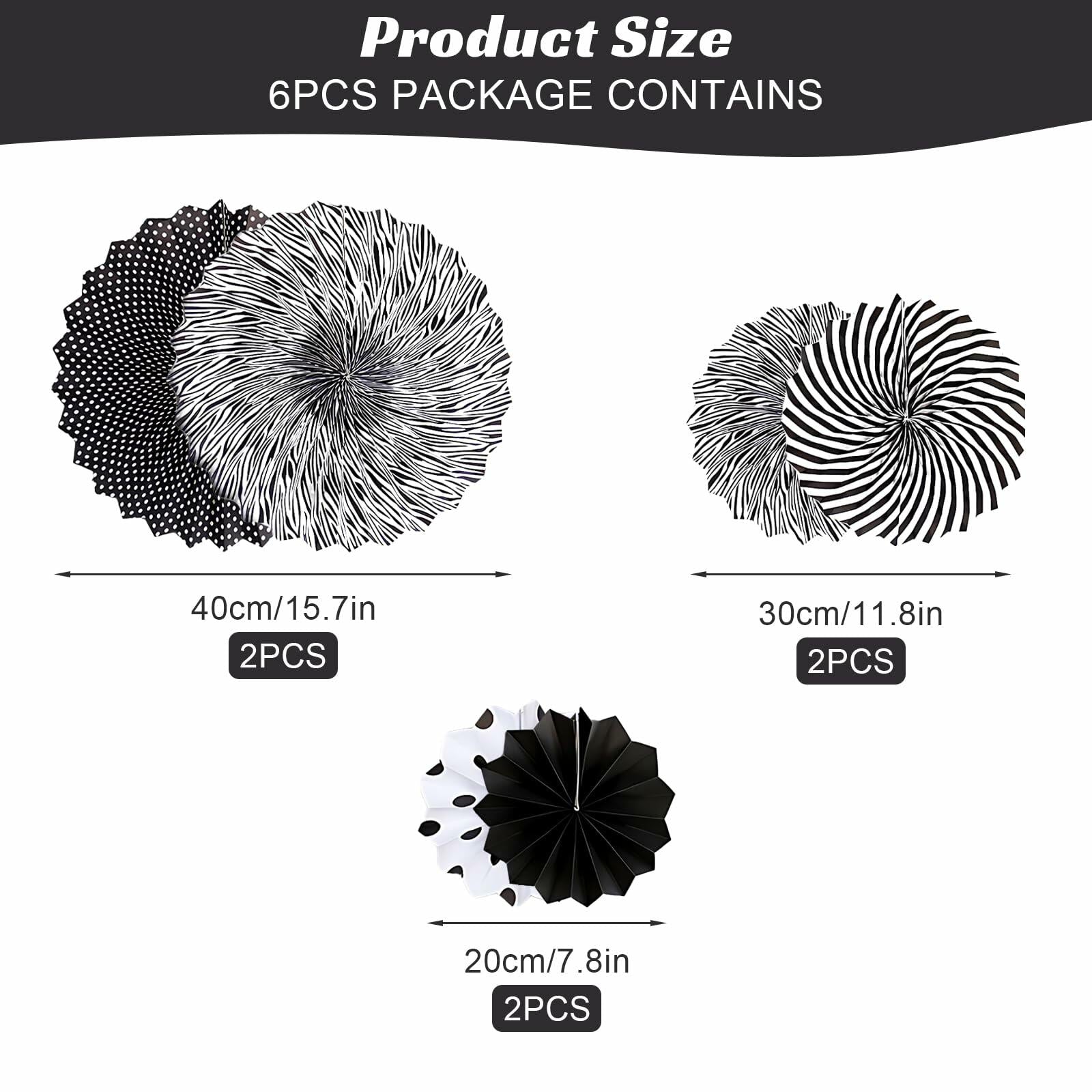 Black hanging paper fans in various sizes and patterns, including polka dots and stripes, suitable for party decorations.