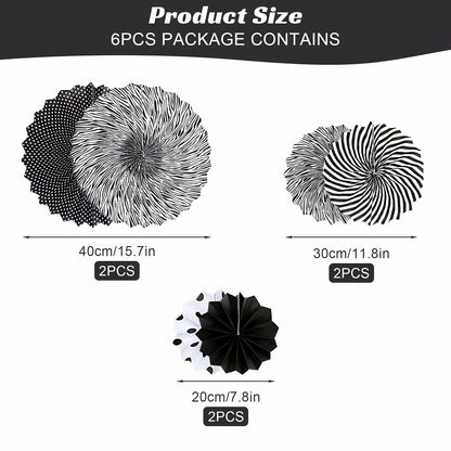 Black hanging paper fans in various sizes and patterns, including polka dots and stripes, suitable for party decorations.