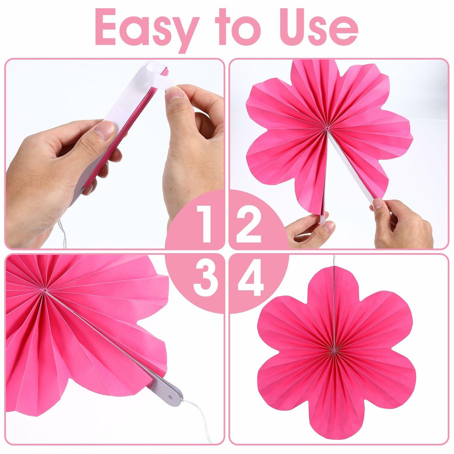 Pink paper fans and flowers party decorations set, featuring nine pieces in various shapes and sizes, displayed in four st...