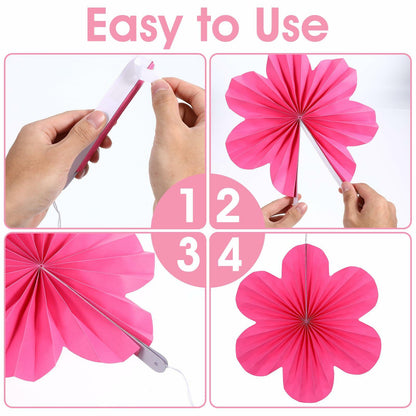 Pink paper fans and flowers party decorations set, featuring nine pieces in various shapes and sizes, displayed in four st...